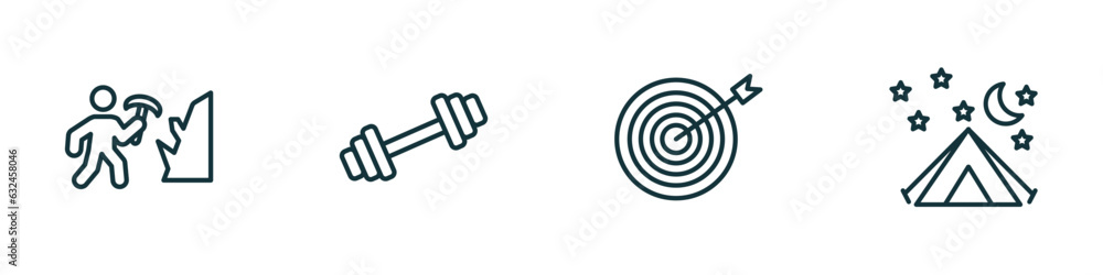 Poster set of 4 linear icons from activity and hobbies concept. outline icons included mineral collecting, 