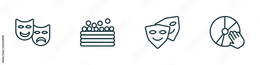 Poster set of 4 linear icons from activity and hobbies concept. outline icons included acting, ball pit, co