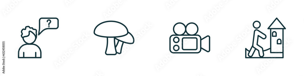 Poster set of 4 linear icons from activity and hobbies concept. outline icons included questioning, mushroo