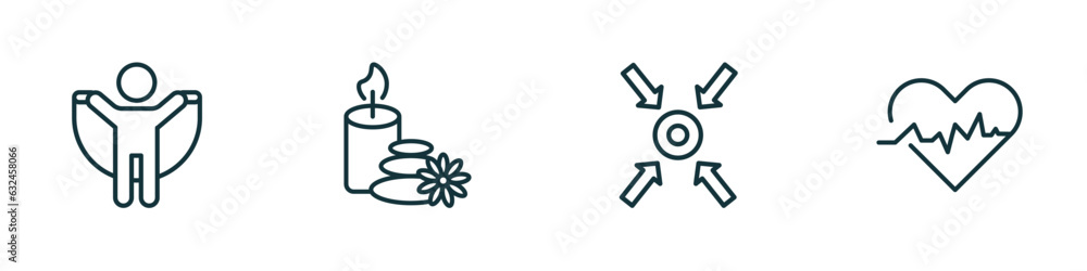 Poster set of 4 linear icons from activity and hobbies concept. outline icons included jump rope, relaxing,