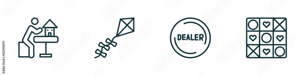 Poster set of 4 linear icons from activity and hobbies concept. outline icons included model building, flyi