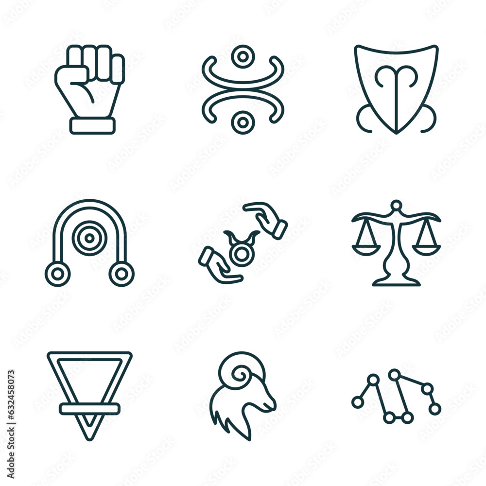 Poster set of 9 linear icons from zodiac concept. outline icons such as strength, gods omnipressence, devot