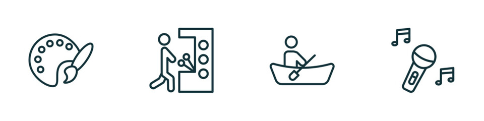set of 4 linear icons from activity and hobbies concept. outline icons included coloring, pachinko, boat race, sing vector