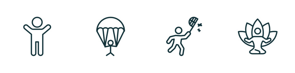 set of 4 linear icons from activity and hobbies concept. outline icons included warming up, gliding parachutist, insect collecting, yoga vector