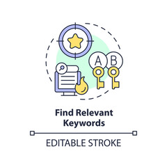 Editable find relevant keywords icon concept, isolated vector, AI for SEO thin line illustration.