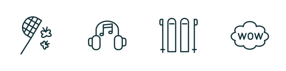 set of 4 linear icons from activity and hobbies concept. outline icons included butterfly catcher, listening music, skii, comic vector