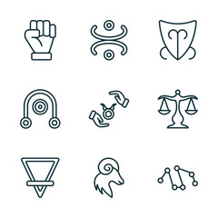 set of 9 linear icons from zodiac concept. outline icons such as strength, gods omnipressence, devotion, earth, aries, projection vector