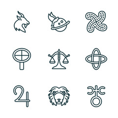 set of 9 linear icons from zodiac concept. outline icons such as capricorn, freedom, loyalty, jupiter, leo, antimony vector
