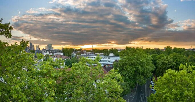 Timelapse of sunset with the skyline of Frankfurt an the Taunus in the background 