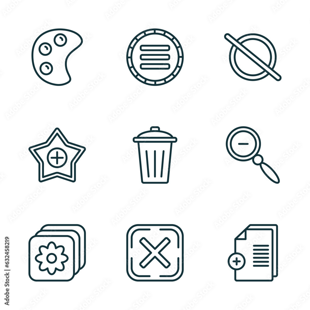 Poster set of 9 linear icons from user interface concept. outline icons such as paint, side menu, forbbiden