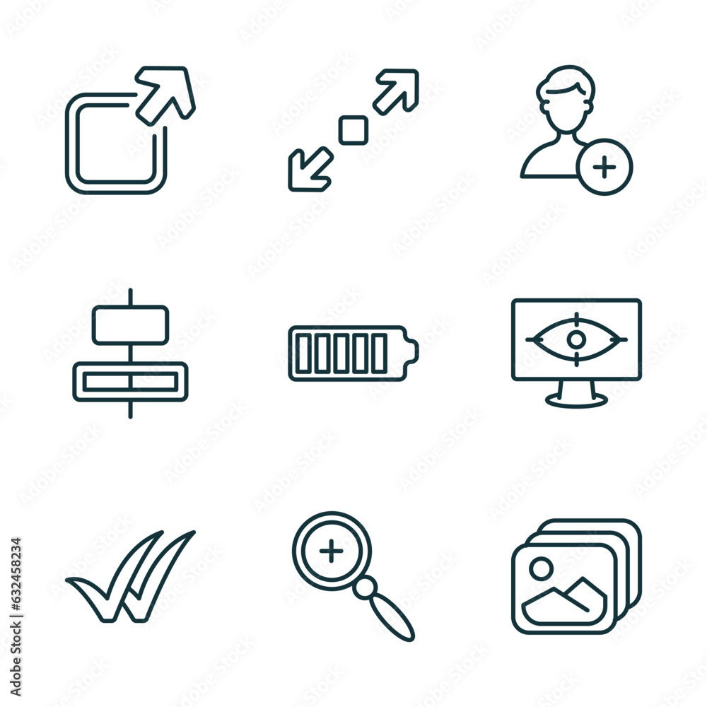 Poster set of 9 linear icons from user interface concept. outline icons such as export, enlarge, add user, 