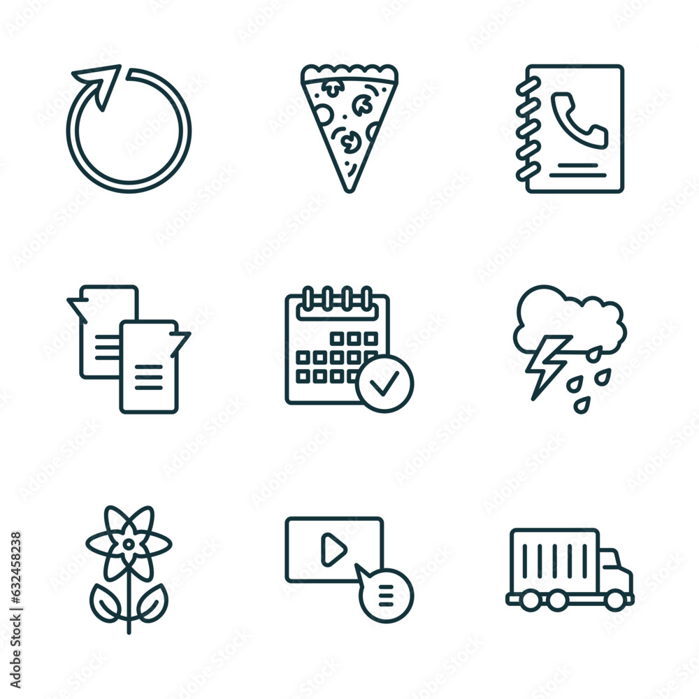 Poster set of 9 linear icons from ultimate glyphicons concept. outline icons such as reload arrow, pizza pi