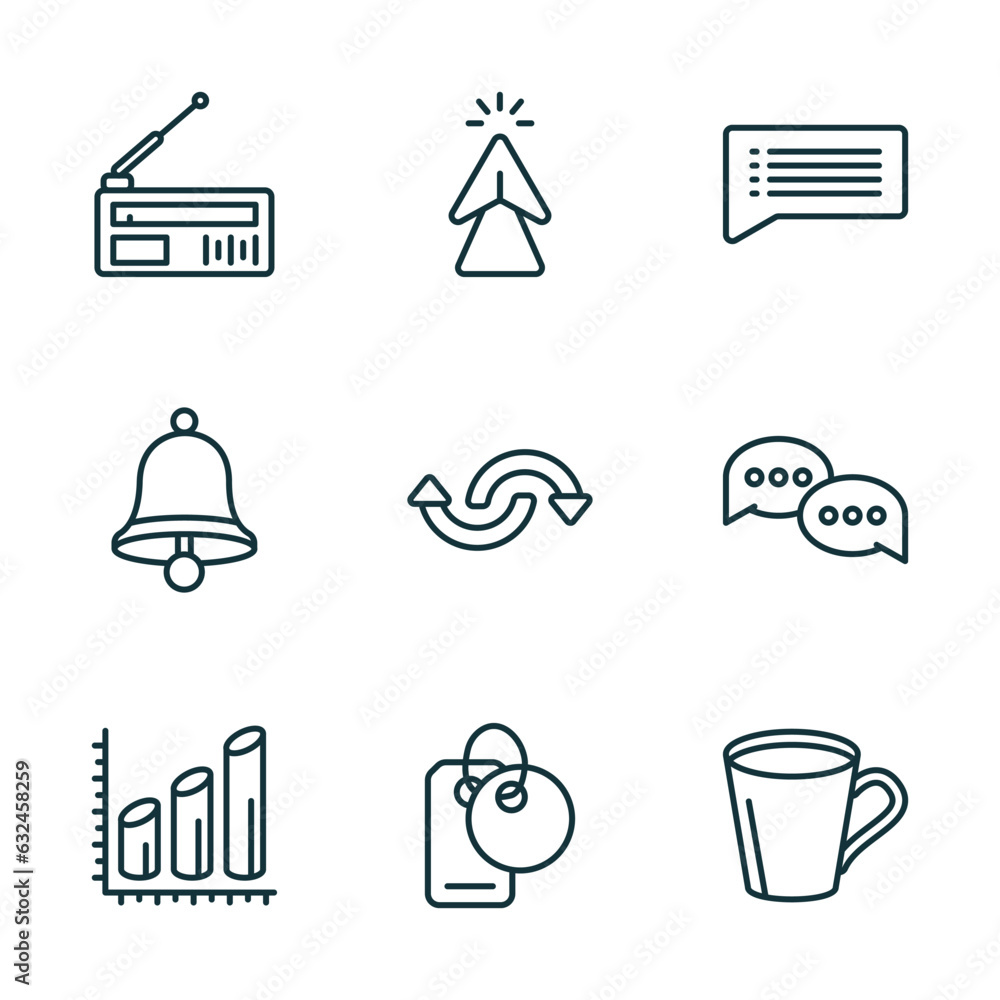 Poster set of 9 linear icons from ultimate glyphicons concept. outline icons such as old radio with antenna