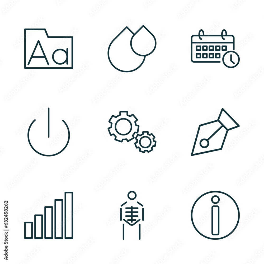 Poster set of 9 linear icons from user interface concept. outline icons such as fonts, big and small drops,