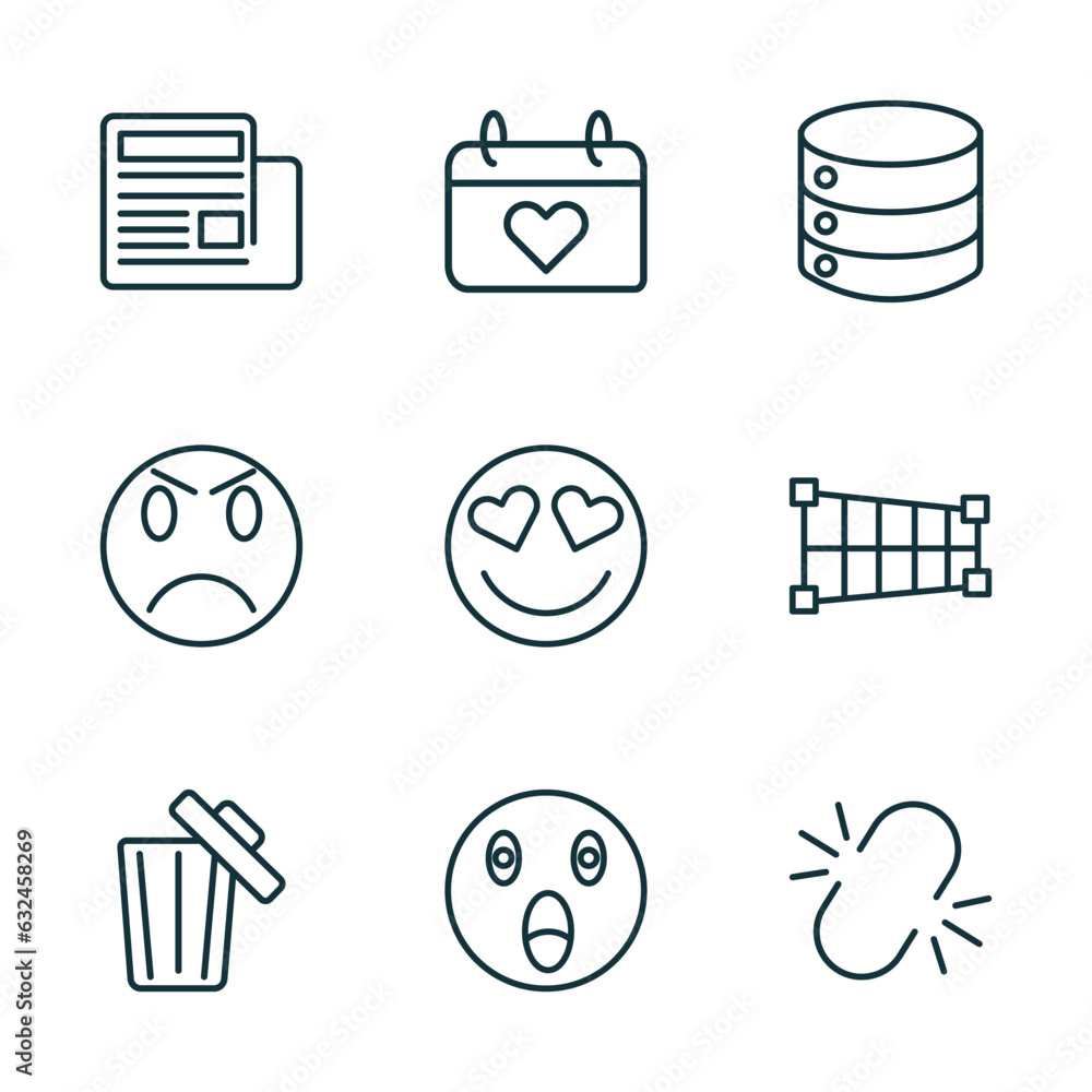 Poster set of 9 linear icons from user interface concept. outline icons such as newspaper folded, heart on 