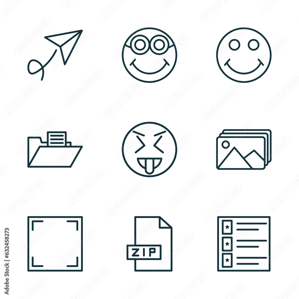 Poster set of 9 linear icons from user interface concept. outline icons such as paper plane flying, nerd sm