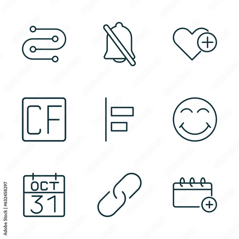 Poster set of 9 linear icons from user interface concept. outline icons such as wiring, disable alarm, add 