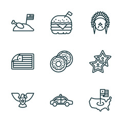 set of 9 linear icons from united states of america concept. outline icons such as thanksgiving day, burger, american native, eagle, cab, united states vector