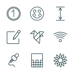 set of 9 linear icons from user interface concept. outline icons such as number, crying smile, height, mic interface, gradient, image of a flower vector