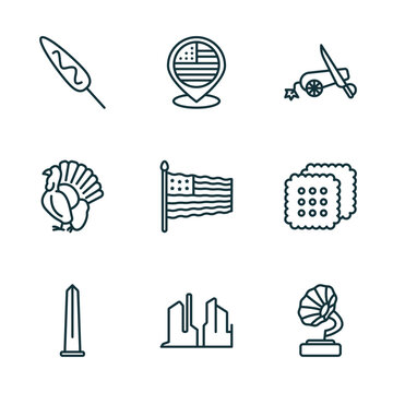 set of 9 linear icons from united states of america concept. outline icons such as corndog, usa, american civil war, obelisk, grand canyon, gramophone vector