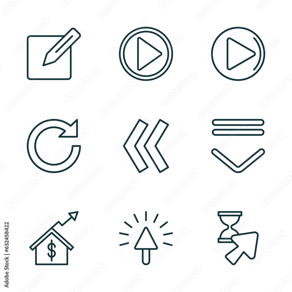 Poster set of 9 linear icons from user interface concept. outline icons such as make, video play, right arr