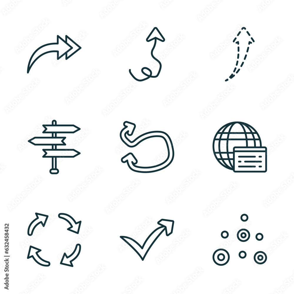Poster set of 9 linear icons from user interface concept. outline icons such as right drawn arrow, up arrow