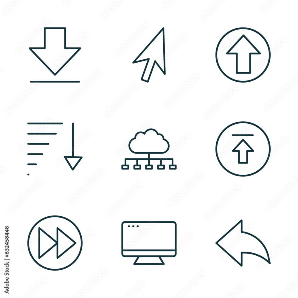 Poster set of 9 linear icons from user interface concept. outline icons such as big download arrow, mouse c
