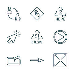 set of 9 linear icons from user interface concept. outline icons such as exchange personel, left reverse curve, hdpe 2, export arrow, arrow pointing right, expand button vector - obrazy, fototapety, plakaty