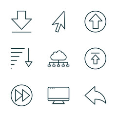 set of 9 linear icons from user interface concept. outline icons such as big download arrow, mouse cursor, up arrow fold button, forward button, display, arrow address back vector