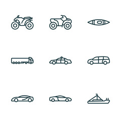set of 9 linear icons from transportation concept. outline icons such as quad, all terrain vehicle, kayak, sports car, sport car, pt boat vector - obrazy, fototapety, plakaty
