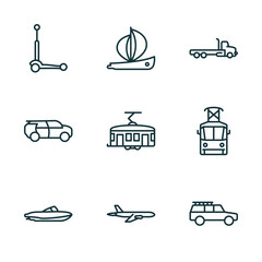 set of 9 linear icons from transportation concept. outline icons such as micro scooter, yawl, flatbed lorry, houseboat, jetliner, off road vector