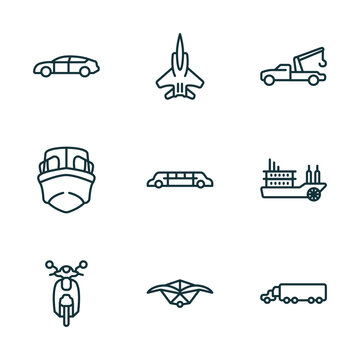 set of 9 linear icons from transportation concept. outline icons such as automobile, army airplane, tow truck, scooter front view, hang glider, eighteen-wheeler vector