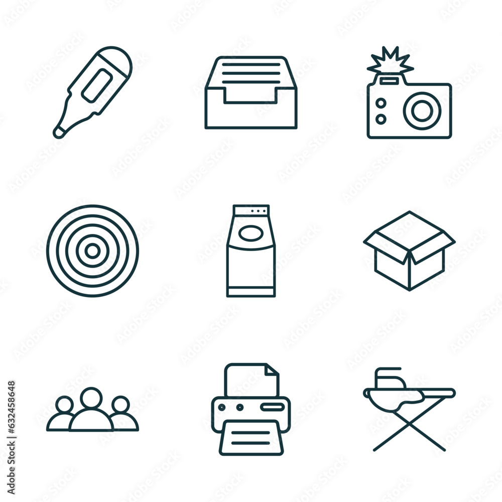 Poster set of 9 linear icons from tools and utensils concept. outline icons such as body thermometer, tray 