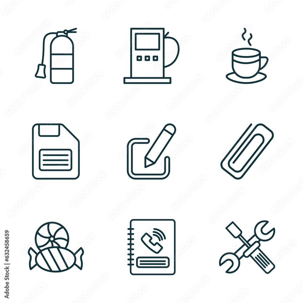 Aufkleber set of 9 linear icons from tools and utensils concept. outline icons such as flame extinguisher, fue