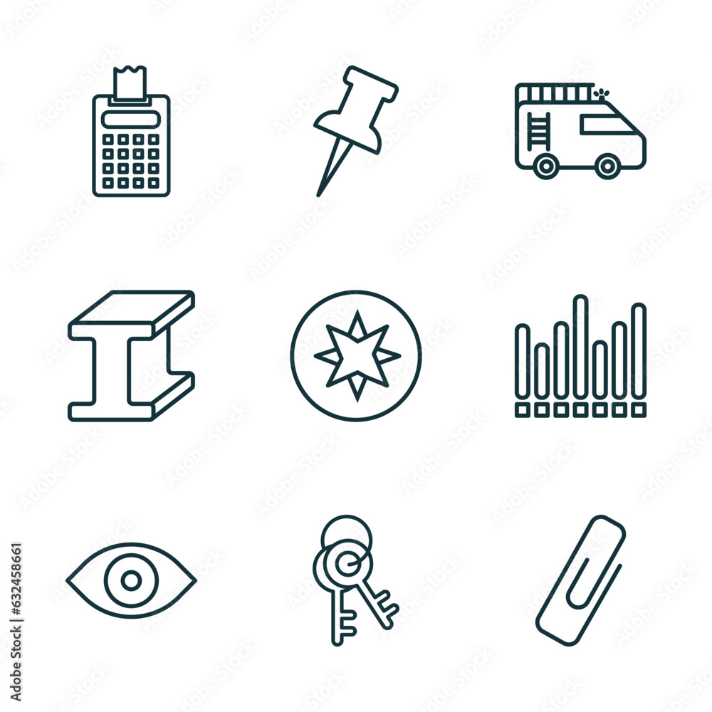 Poster set of 9 linear icons from tools and utensils concept. outline icons such as printing calculator, ta