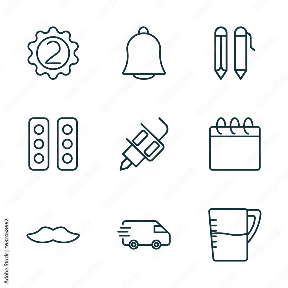 Poster set of 9 linear icons from tools and utensils concept. outline icons such as second, hanging bell, w