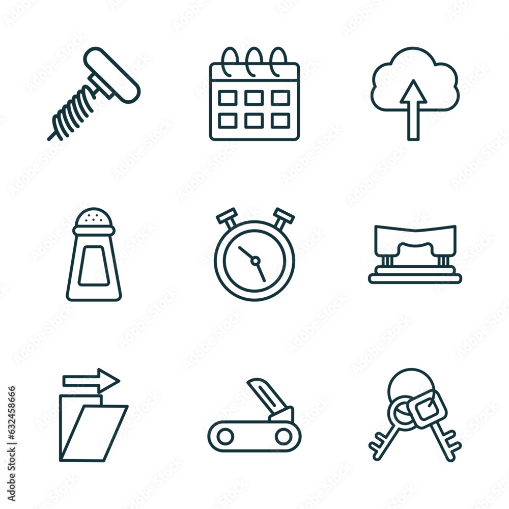 Poster set of 9 linear icons from tools and utensils concept. outline icons such as auger, calendar with si