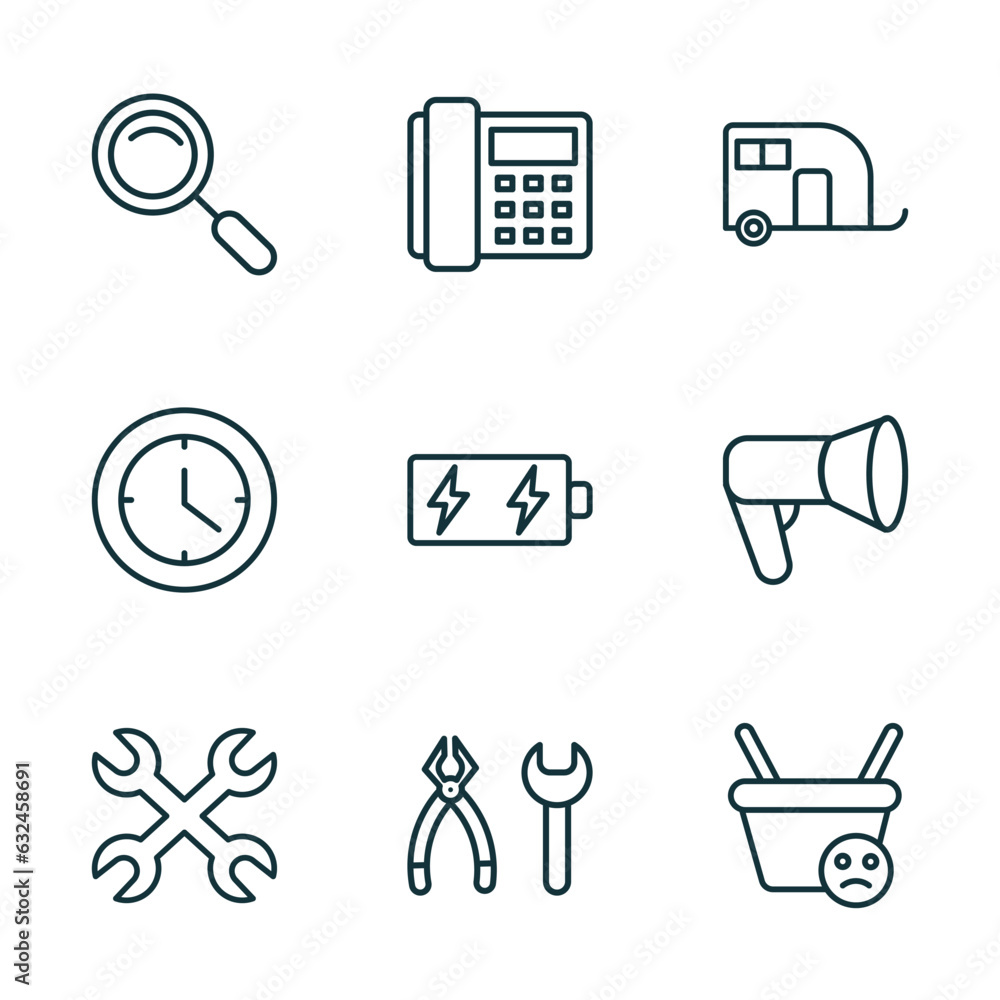Poster set of 9 linear icons from tools and utensils concept. outline icons such as magnifier, modern telep