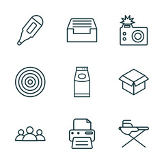 set of 9 linear icons from tools and utensils concept. outline icons such as body thermometer, tray for papers, camera with flash, squad, blank paper and printer, iron table vector