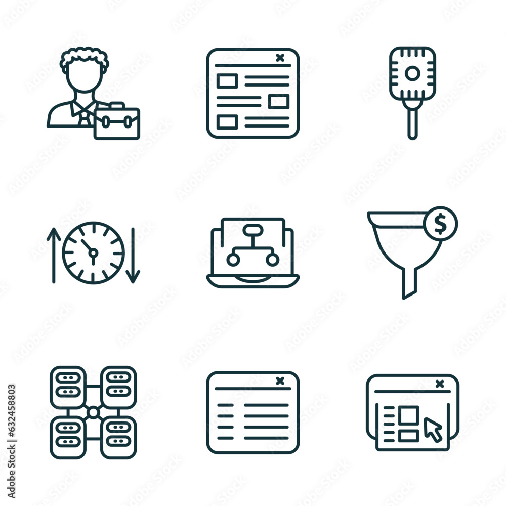 Poster set of 9 linear icons from technology concept. outline icons such as project manager, mood board, re