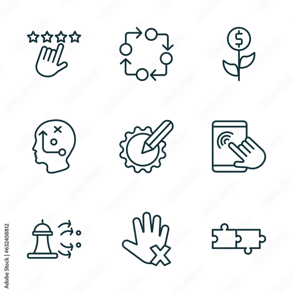 Poster set of 9 linear icons from startup stategy and concept. outline icons such as rate, procedure, inves