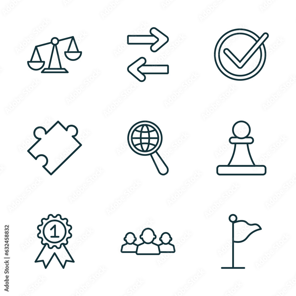Poster set of 9 linear icons from startup stategy and concept. outline icons such as balance, exchanging, a