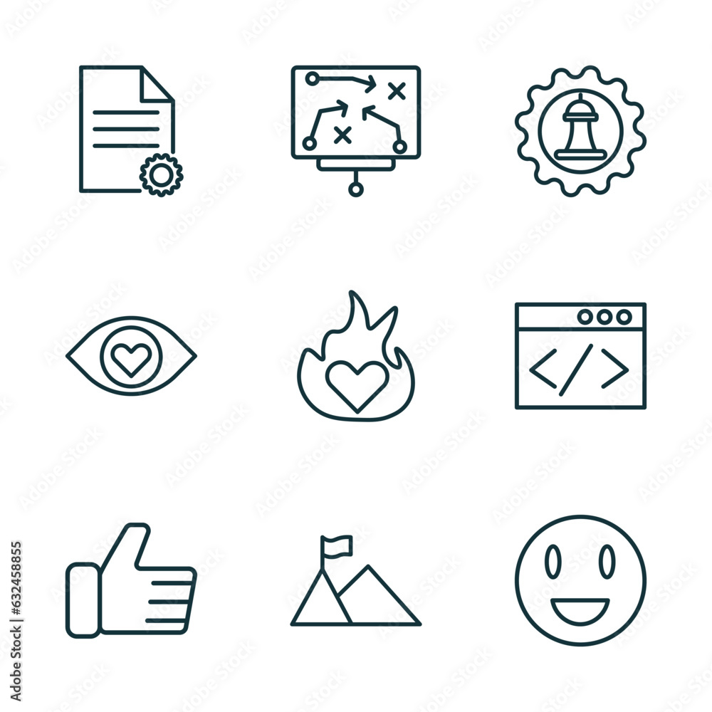 Aufkleber set of 9 linear icons from startup stategy and concept. outline icons such as project, strategy sket