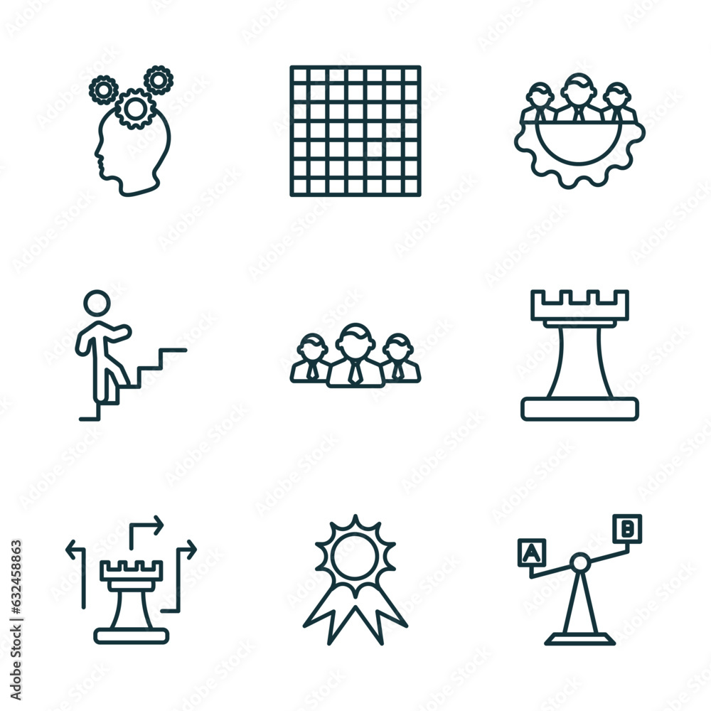 Poster set of 9 linear icons from startup stategy and concept. outline icons such as strategy thought, ches