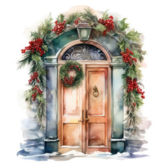 Fototapeta na wymiar Winter door with christmas decorations, watercolor clipart, isolated white background