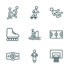 set of 9 linear icons from sports concept. outline icons such as aikido, boy with skatingboard, karate fighter, champion belt, motorbike riding, basketball basket vector