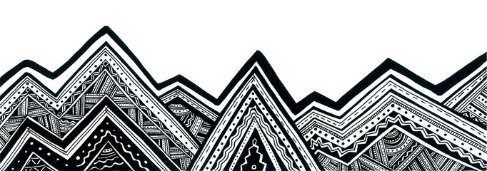 Geometric ornament in the lower part of the background. Black outline on white. Doodle. Lines, strokes, zigzags, waves, dots. It can resemble a panorama of mountains. - obrazy, fototapety, plakaty