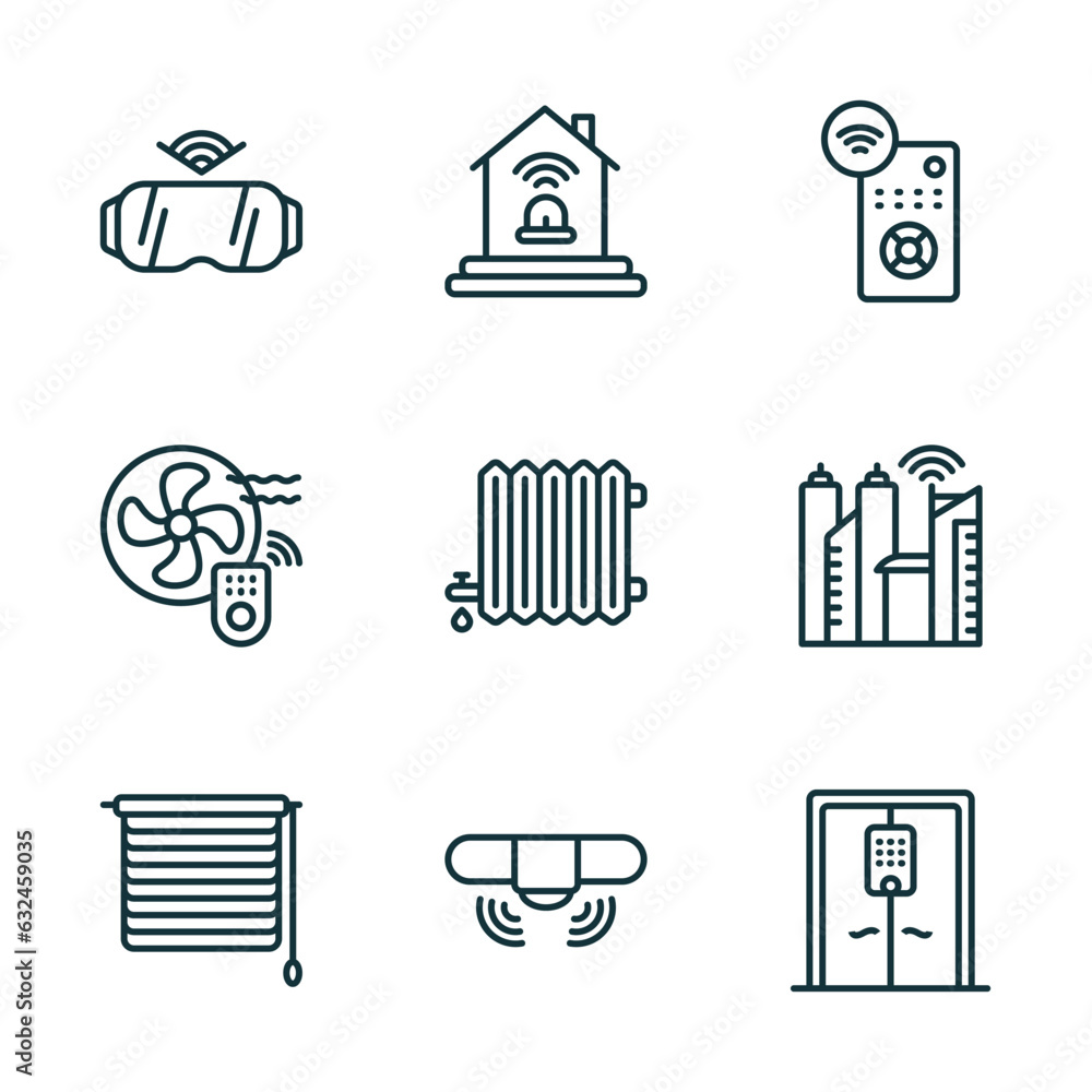 Poster set of 9 linear icons from smart home concept. outline icons such as virtual reality, alarm system, 