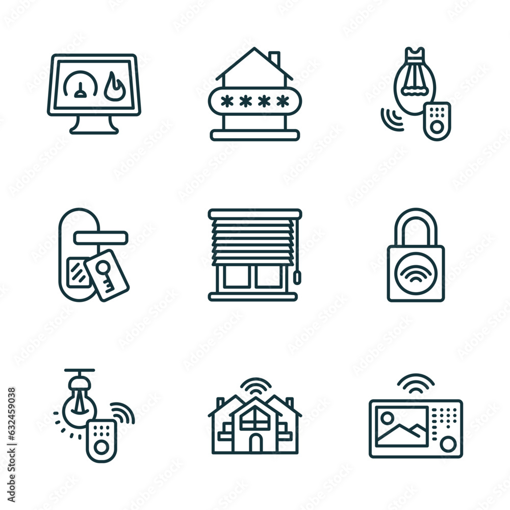 Poster set of 9 linear icons from smart home concept. outline icons such as meter, security code, lighting,