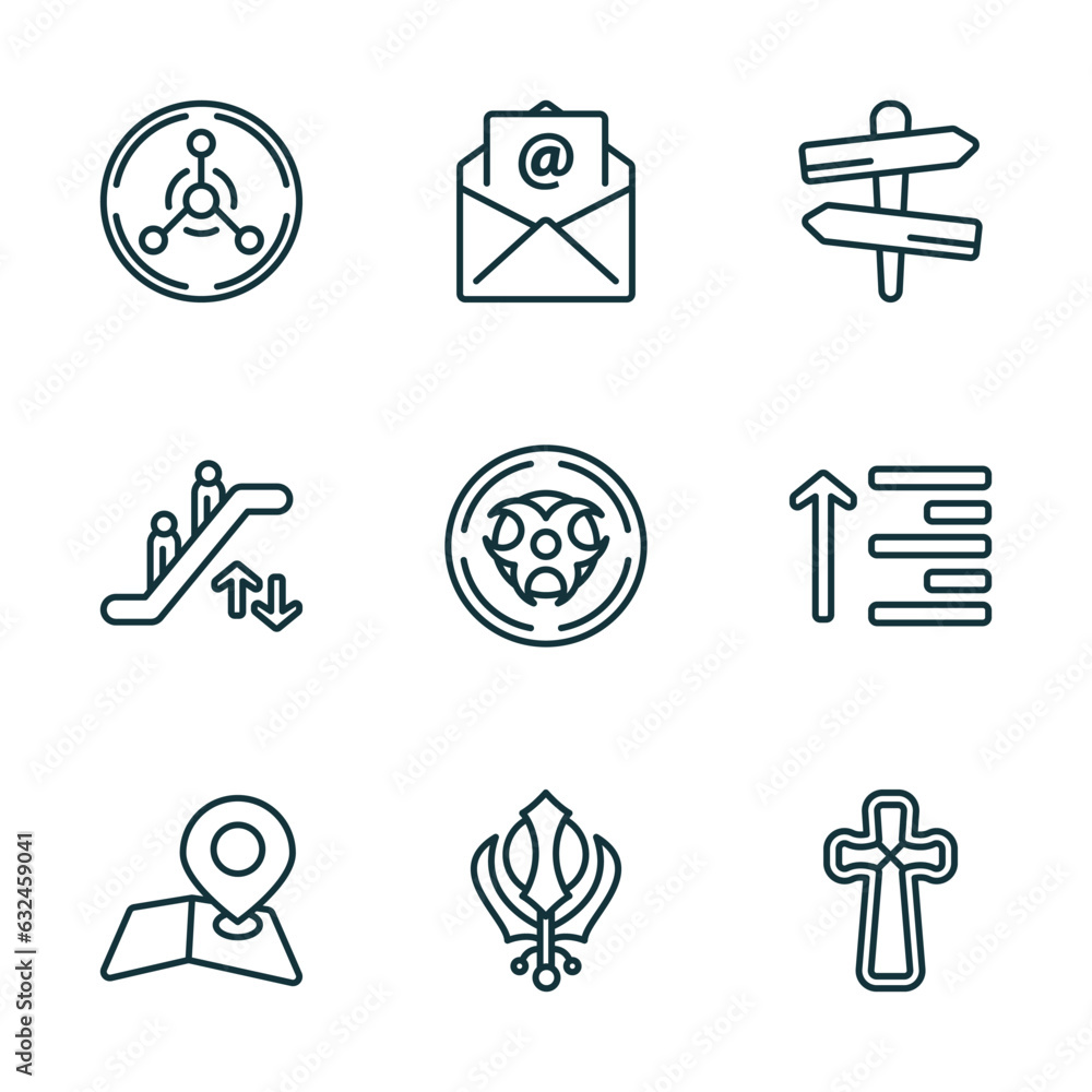 Poster set of 9 linear icons from signs concept. outline icons such as radiation, mail, panels, map and map